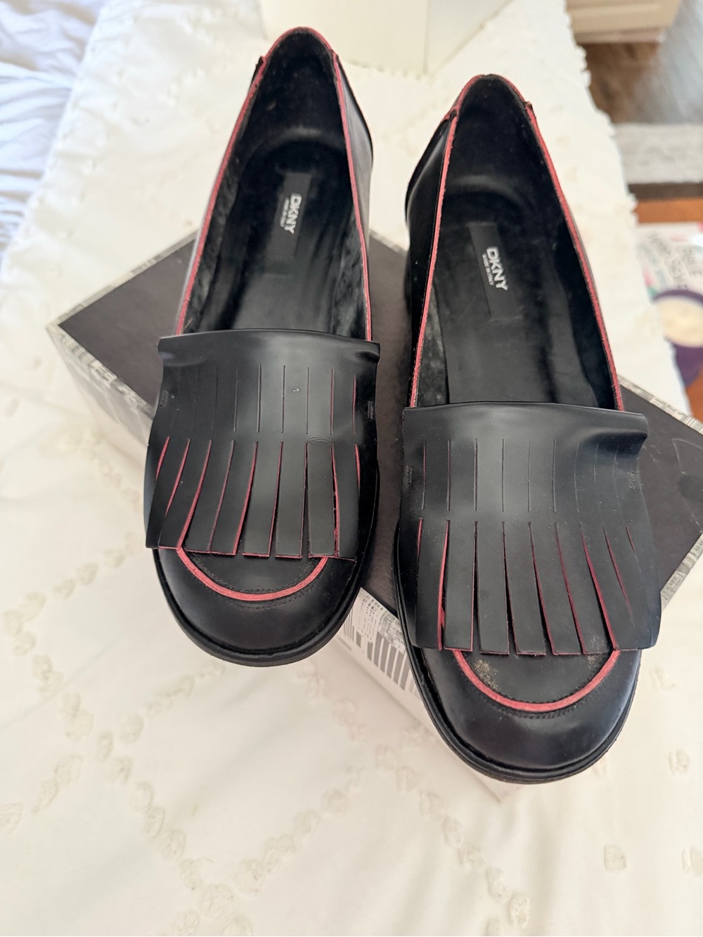 DKNY Black Loafers with Red Trim and Fringe
